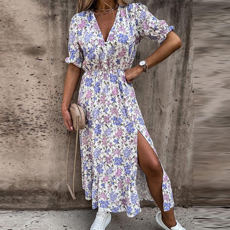 Womens Boho V-Neck Floral Midi Dress Summer Short Sleeve Beach Party Sundress