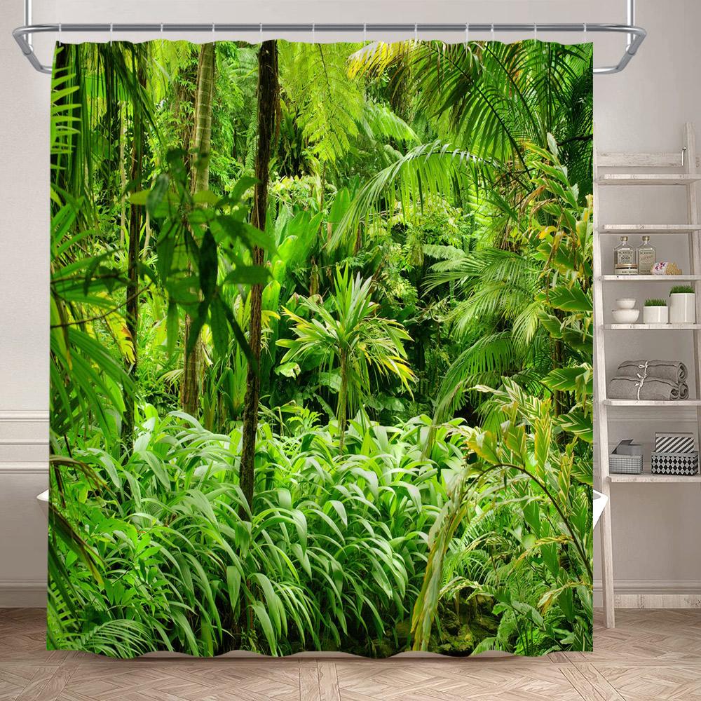 Forest Landscape Shower Curtains Tropical Jungle Palm Plants Waterfall Nature Scenery Fabric Bathroom Curtain Decor With Hooks