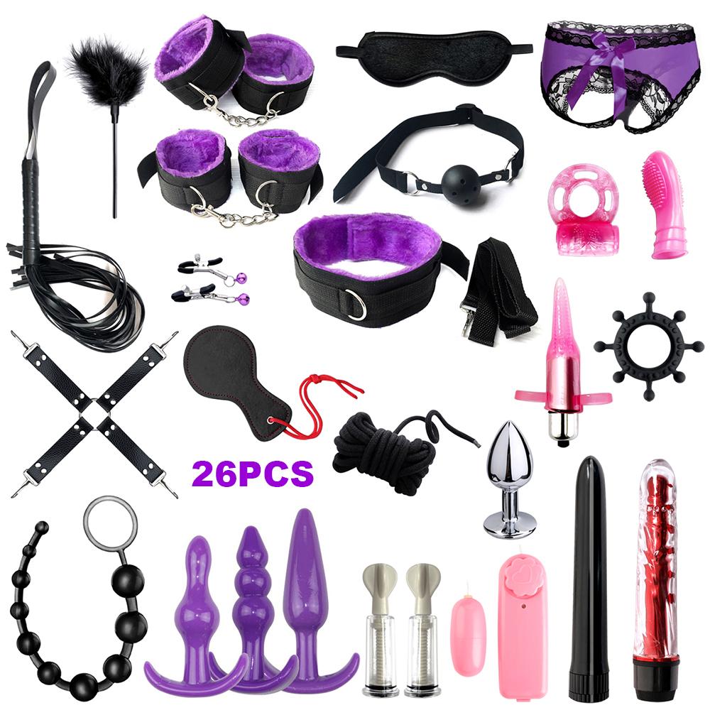 Fetish BDSM Kit Set Sex Toy Handcuffs for Woman Adult Supplies Handcuffs Whip Anal Plug Vibrator Bondage Rope Sexual Sexy Game