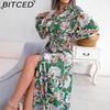 BITCED Damen Retro Floral Kragen Langarm Hemdkleid für Frühling Sommer