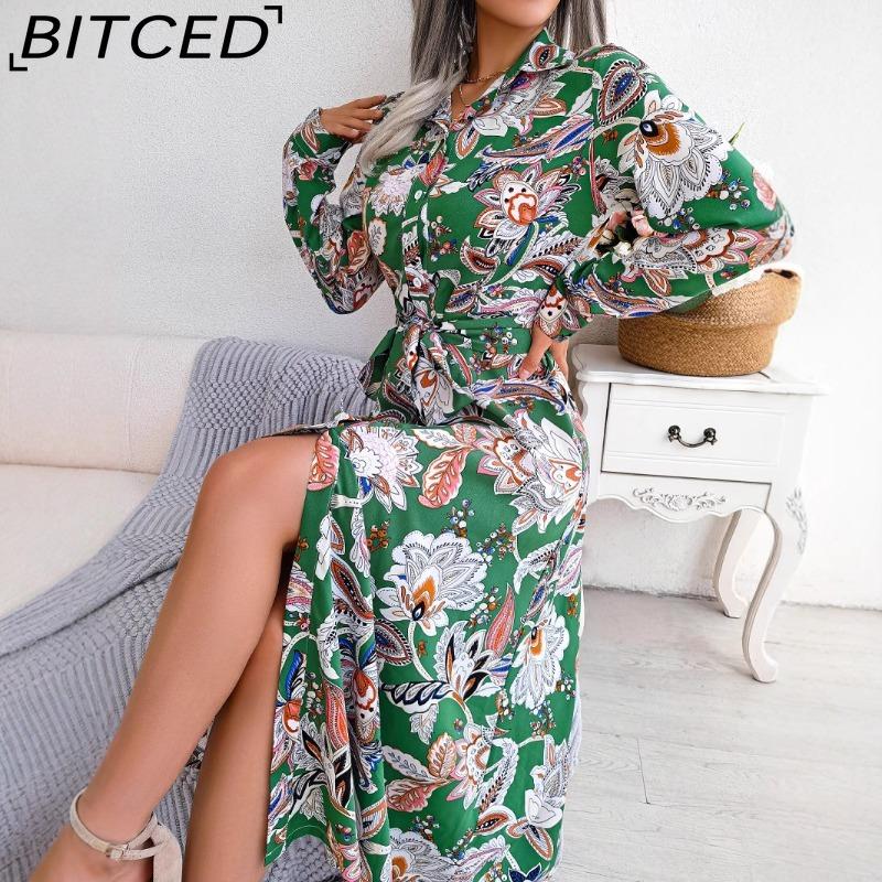 BITCED Women's Retro Floral Collar Long Sleeve Shirt Dress for Spring Summer