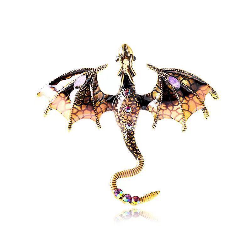 Retro Oil Dripping Flying Dragon Brooch Rhinestone Inlaid Enamel Brooches Pin