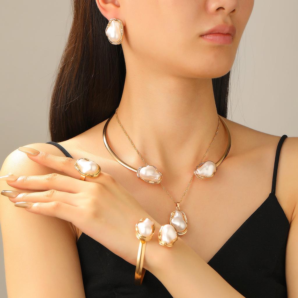 European and American Baroque Special-shaped Pearl Set Jewelry Women's High-end Necklace, Stud Earrings, Bracelet Collar