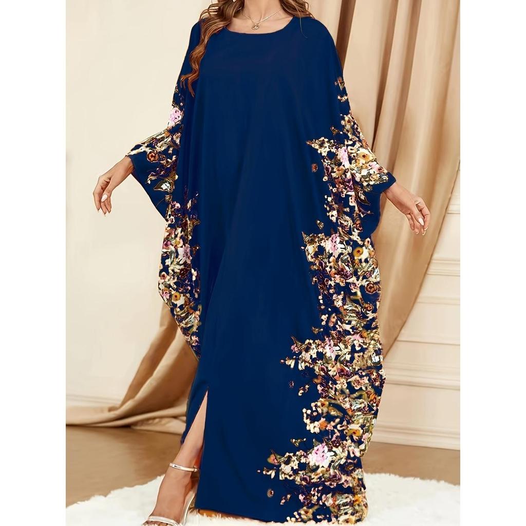 Ramadan-Kaftan mit Blumendruck und Rundhalsausschnitt, elegantes Maxikleid mit Fledermausärmeln und Schlitz, Damenbekleidung