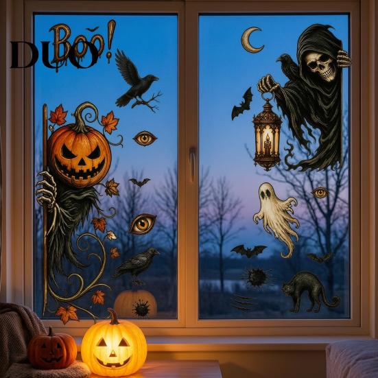 Versatile Holiday Glass Decorations 6Pcs Halloween Window Stickers, Ghost Pumpkin Grim Reaper Wall Decals, Large Decorative Scene Murals
