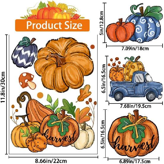 DIYDEC 6 Sheets Fall Window Clings Double-Sided Window Stickers with Orange Maple Leaves Pumpk Blue Truck Thanksgiving Window Decals for Autumn Home