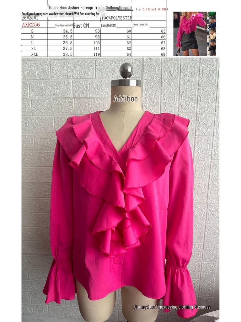 Elegant Women's V-Neck Ruffle Blouse - Autumn Collection