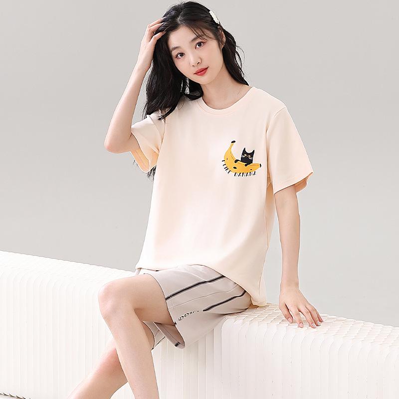 Couple's Summer Cotton Pajama Set: Cute Short Sleeve & Shorts for Women, Wear-Outside Style for Men.