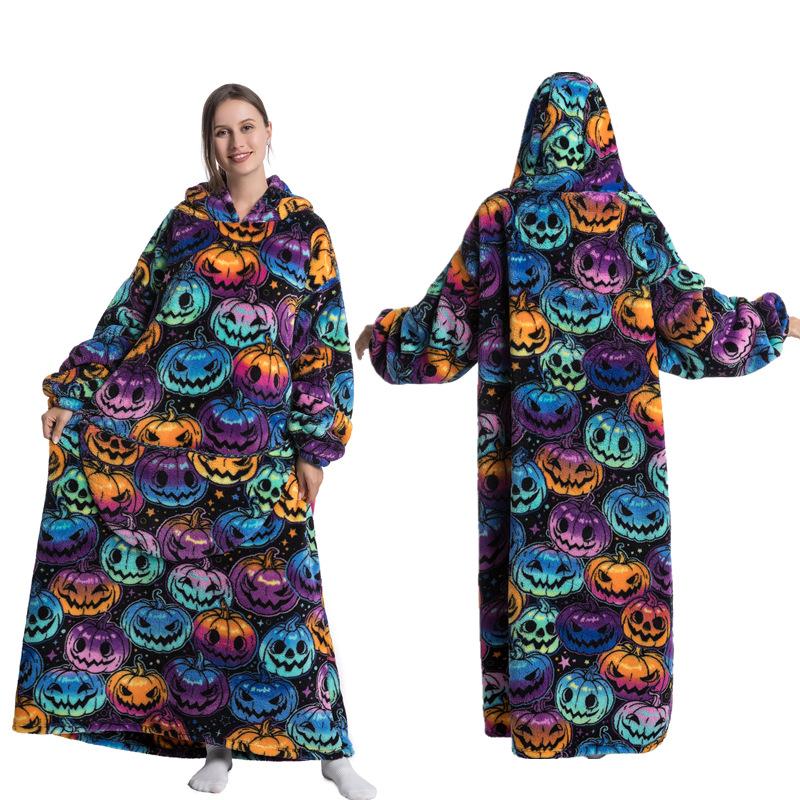 Zimní zateplený fleecový župan s kapucí pro ženy 140 cm oversized deka s rukávy Fleece zateplené mikiny Mikiny Obří TV deka Dámský župan s kapucí