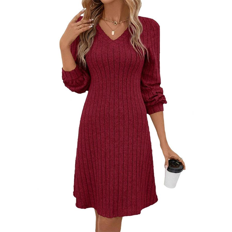 Women's Fall Winter New V-Neck Cable Knit Long Sleeve Dress Top