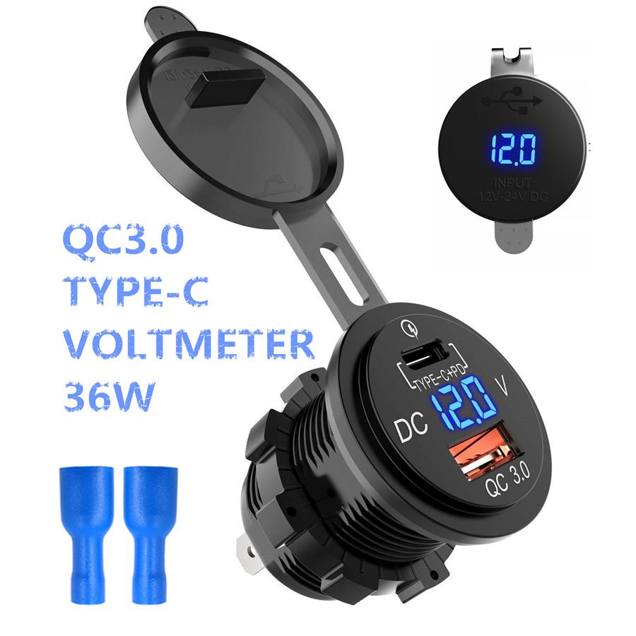 Car QC 3.0 Charger USB Type C Phone Fast Charging Socket w/ Blue LED Voltmeter