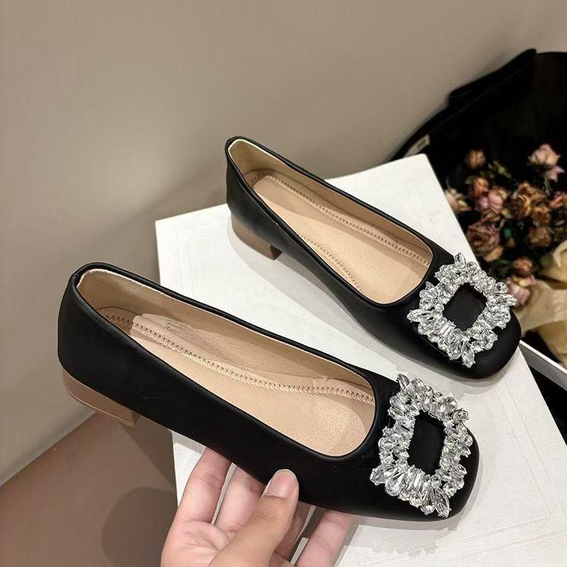 Rhinestone square buckle shallow mouth single shoes women's spring new versatile skirt soft-soled Doudou shoes