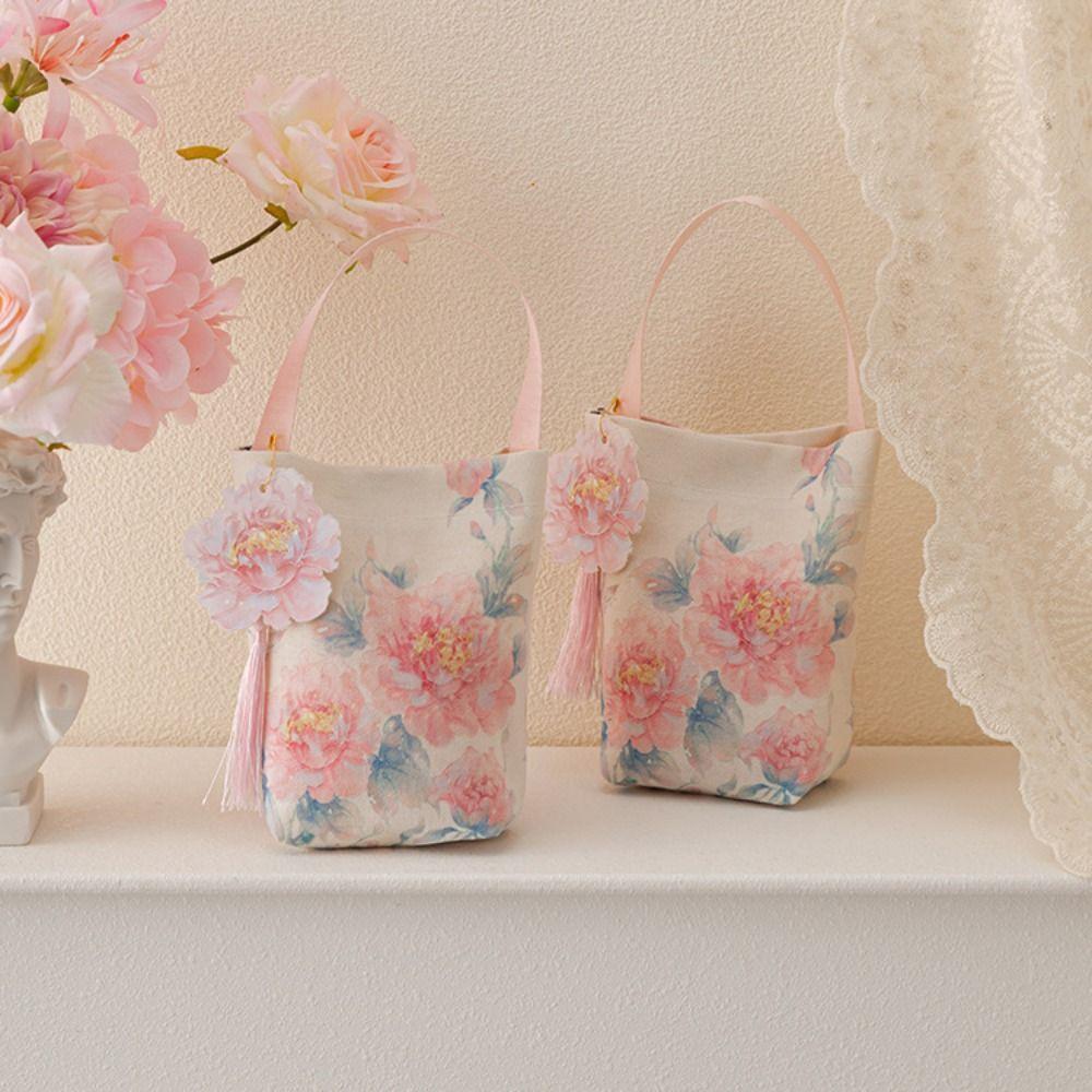 Temperament Chinese Style Handbag Printing Wedding Candy Bag Flower Tassel Wrist Bag  Festival