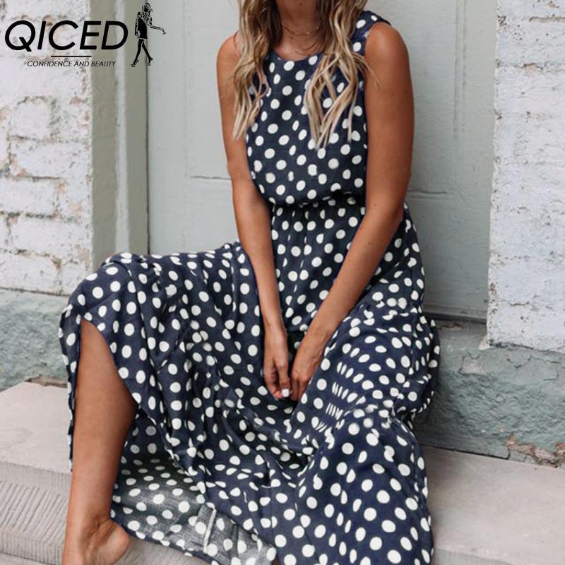 QICED Women's Fashion Summer Spring Solid Color Print Sleeveless O-Neck High Waist Casual Dresses