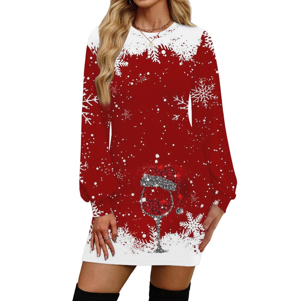 Rochie casual de modă pentru femei, cu imprimeu de Crăciun, cu gât rotund și mâneci lungi