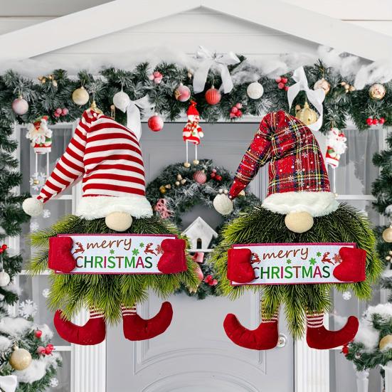 Yousheng Lighted Christmas Gnome Wreath Artificial Pine Spruce Wreath for Front Door Swedish Tomte Hanging Sign for Xmas Porch Indoor Outdoor Home