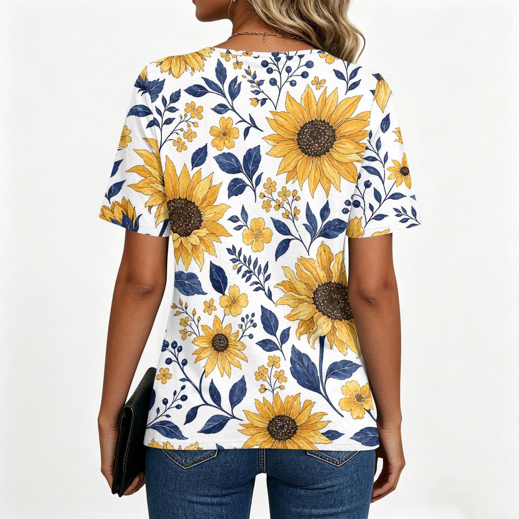 Women's Round Neck Short Sleeve Floral Print T Shirt Top with Button Detail Casual Lightweight Summer Blouse
