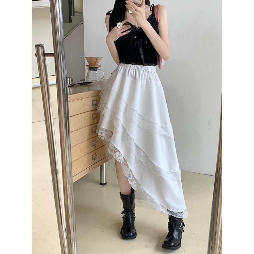 Chic Asymmetrical Long Skirt Women Spliced Lace High Waisted Folds A Line Skirts New Fashion Streetwear Women's Black Skirt