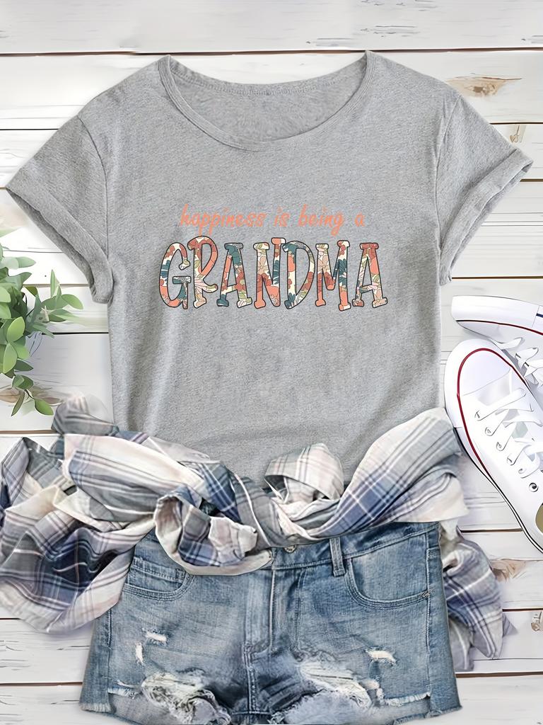 Grandma Print Comfortable And Soft Sports T-shirt, Short Sleeve Causal Running Crew Neck Top, Women's Activewear