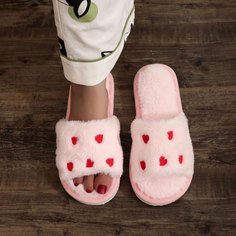Winter Women Heart Slippers for Home Fur Furry House Slides Men Indoor Floor Soft Sandals Couples Comfortable Cute Flip Flops