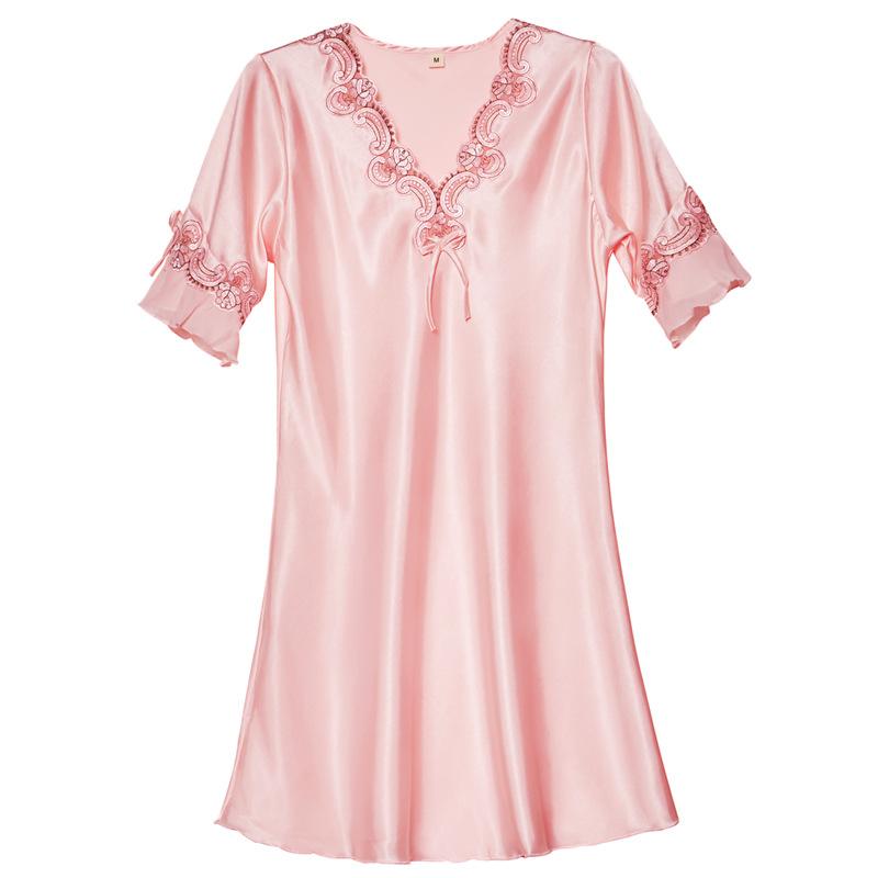 Ice Silk Lace Mini Dress Bottom Dress Nightwear Short Sleeve Nightdress V Neck Autumn Korean Classic Basic Elegant Homewear