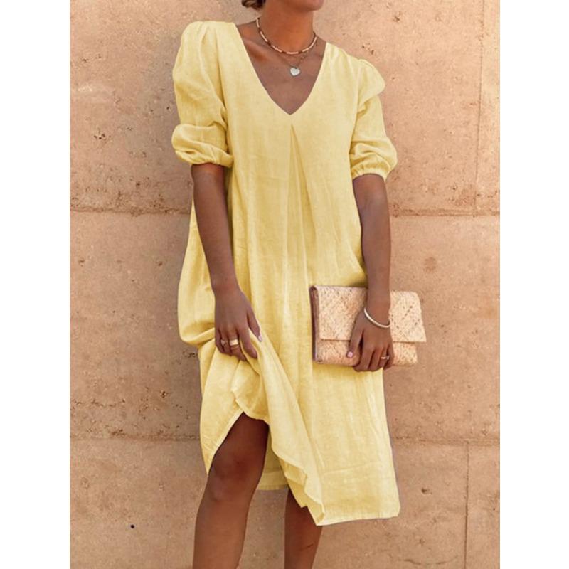 Fashion Short Sleeve V Neck Casual Loose Summer Dress Women Elegant Solid Color Simple A-line Dresses Office Ladies Plus Size Women Clothing