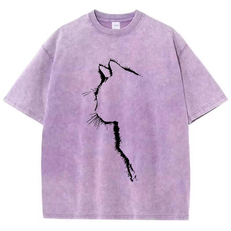 T Shirt Vintage Washed Cotton T-Shirt Retro Cat Graphic Tee Casual Streetwear for Spring Summer Top Tee