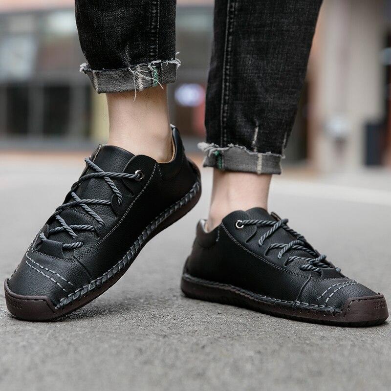 Blue Leather Driving Shoes Men Casual Shoes Handmade Outdoor Hiking Shoes Flats Plus Size