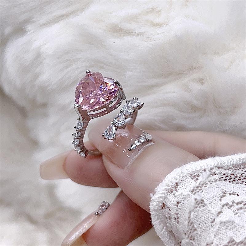Gem Pink Heart-Shaped Open Zirconia Ring - Fashionable, Versatile, Exquisite Gift Adjustable Open