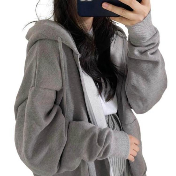 

Women Autumn Winter Jacket Hooded Long Sleeve Coat Loose Fit Thick Warm Zipper Closure Drawstring Solid Color Pockets Elastic Cuff Ladies Outerwear M светло-серый