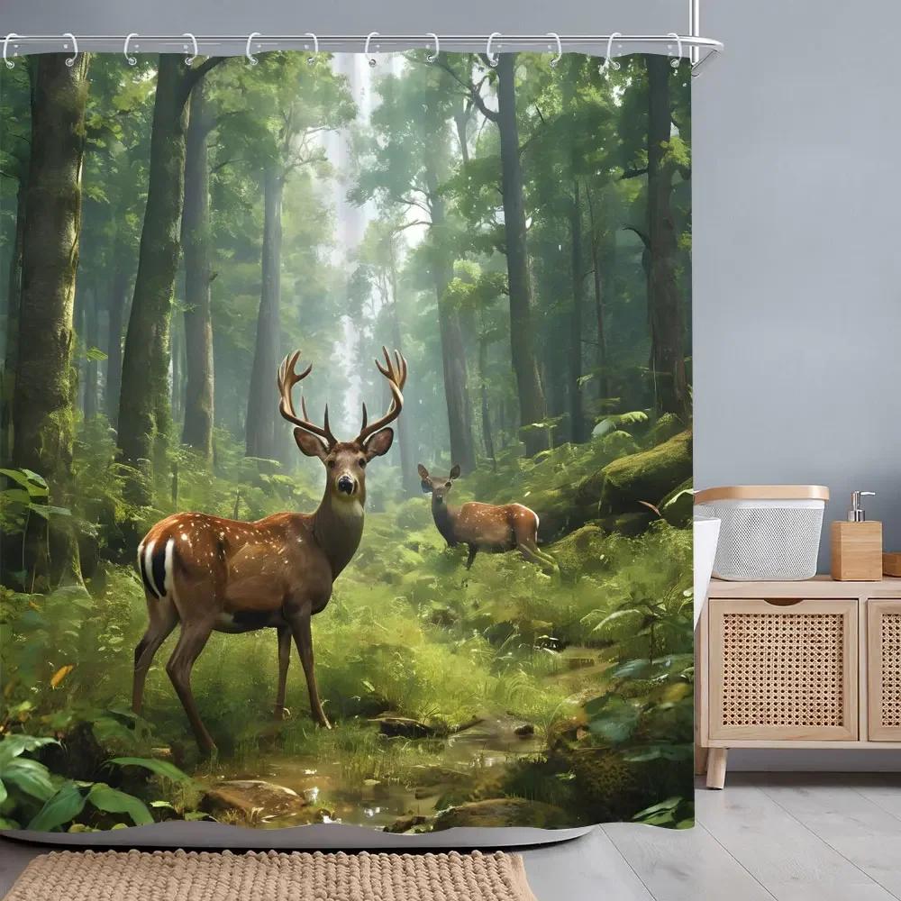 Herbstwald Hirsch Duschvorhang Fluss Sonnenuntergang Rustikale Scheune Thanksgiving Polyesterstoff Badvorhänge Badezimmerdeko mit Haken