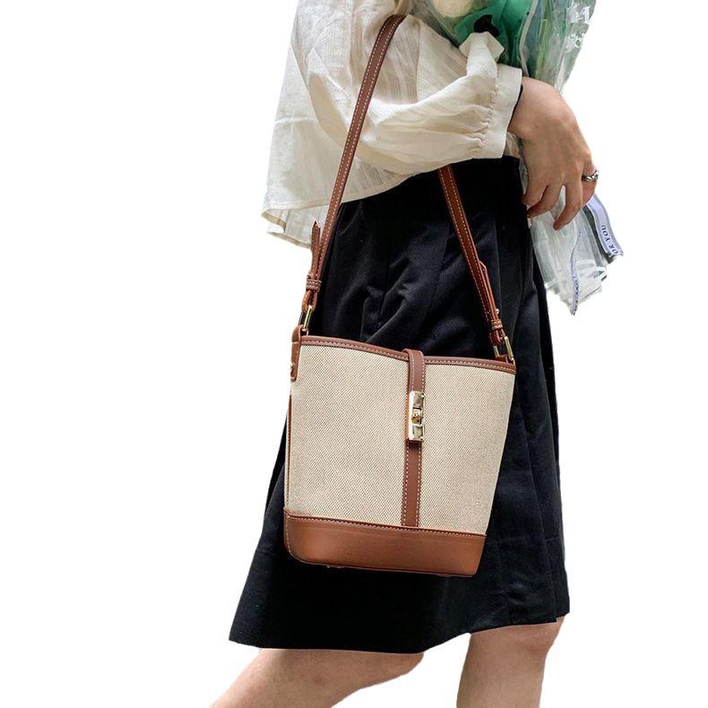 Cowhide Canvas Splicing Bucket Bag, Summer Single Shoulder Diagonal Cross Bag, Casual Versatile Armpit Bag, Korean Version Trendy