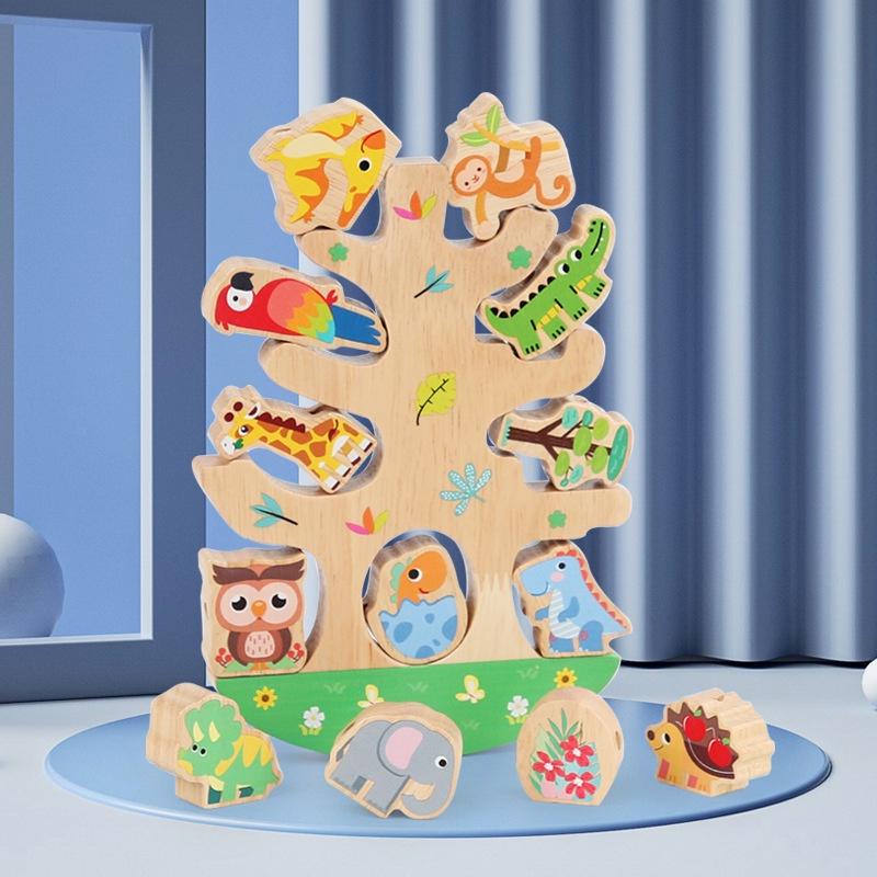 Wooden Animal Bead Balance Tree Building Blocks Develops Balance Skills Large Beads Characters)