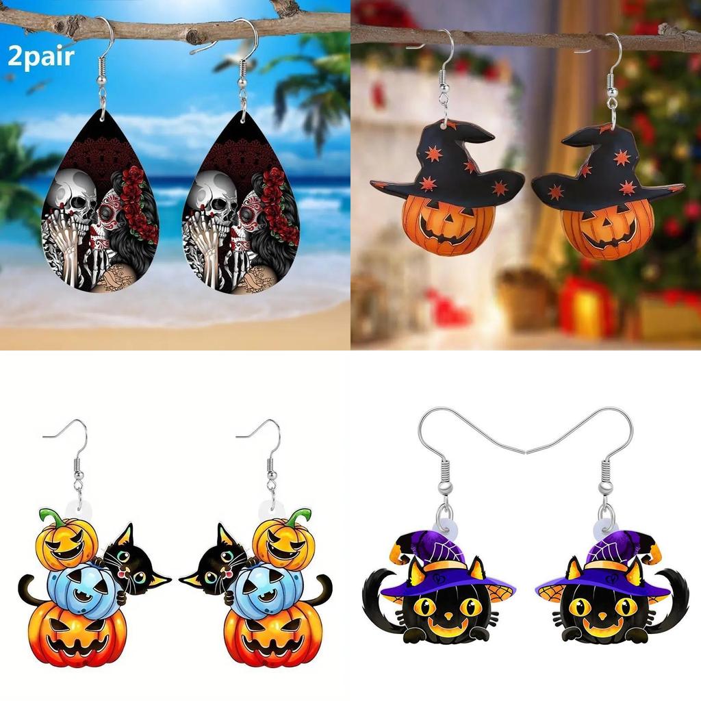 Themed Halloween Cat Pumpkin Skull And Dog Pattern Women Acrylic Earrings