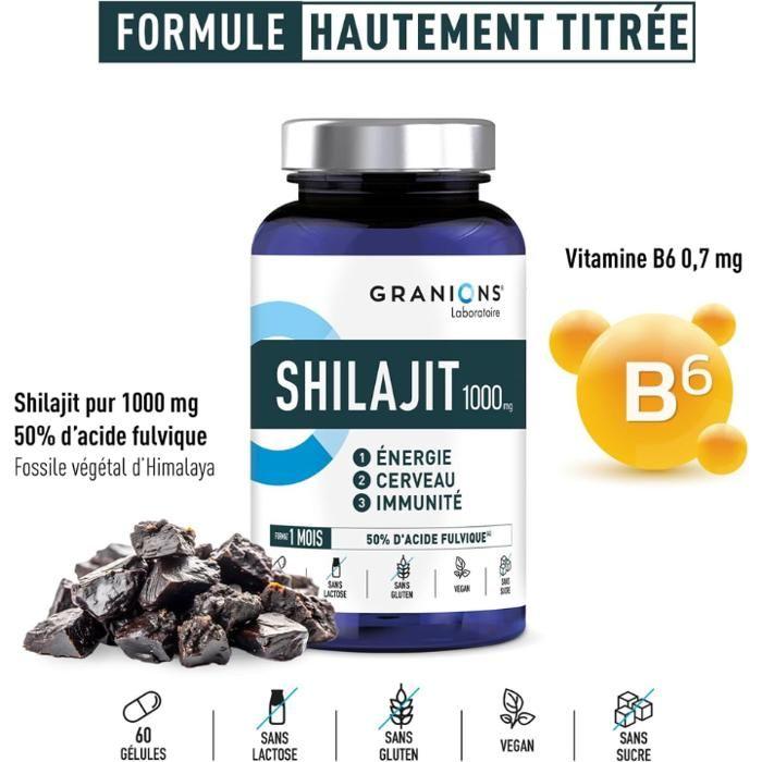 Granions - SHILAJIT 1000mg PURE HIMALAYA - Energie, Immunität & Konzentration - Reich an Vitamin B6 &; Fulvinsäure - 60 Kapseln