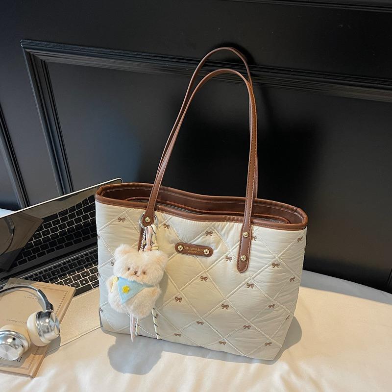 Bow Cotton Clothes Bag Large Capacity Women's Small Fresh Shoulder Bag Portable Embroidery Commuter Tote Bag New
