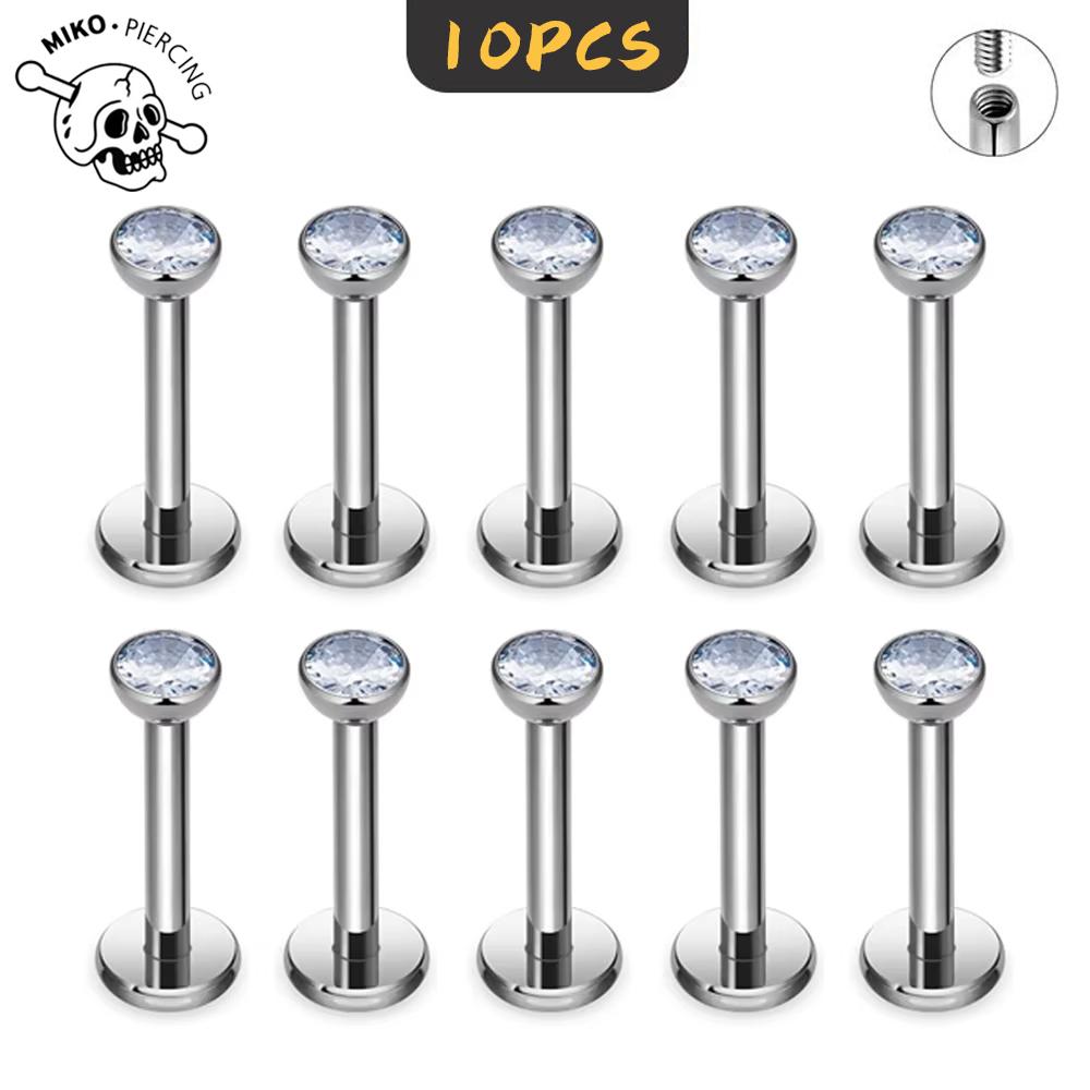 10Pc ASTM F136 G23 Titanium Labret Ear Lip Stud Jewelry CZ Stone Cartilage Tragus Earring Tongue Studs Threaded Body Jewelry