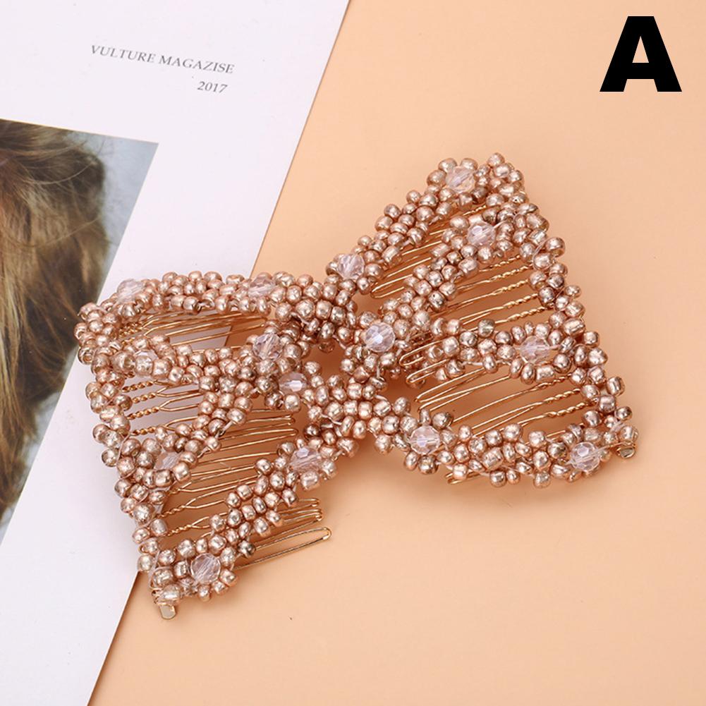 

Women Hair Hairpin Magic Twist Rhombus Beads Hair Side Combs Pearl Stretchy Beaded Hairpin Bow Double Stretching Hairstyle Clip