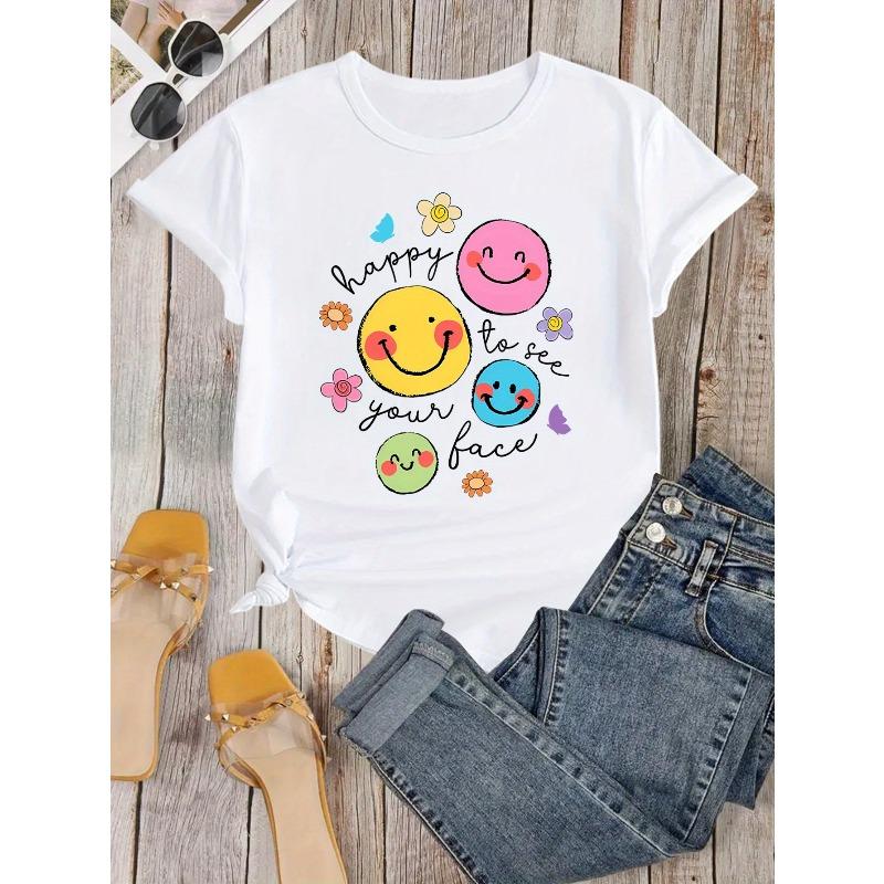 Funny Cartoon Joyful Face Print Tee Teacher Life Crew Neck Short Sleeve Teacher Appreciation Day Gift Casual Top