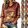 Women's Fashion Casual V-Neck T-Shirt with Halloween Print for Holiday Parties and Everyday Wear