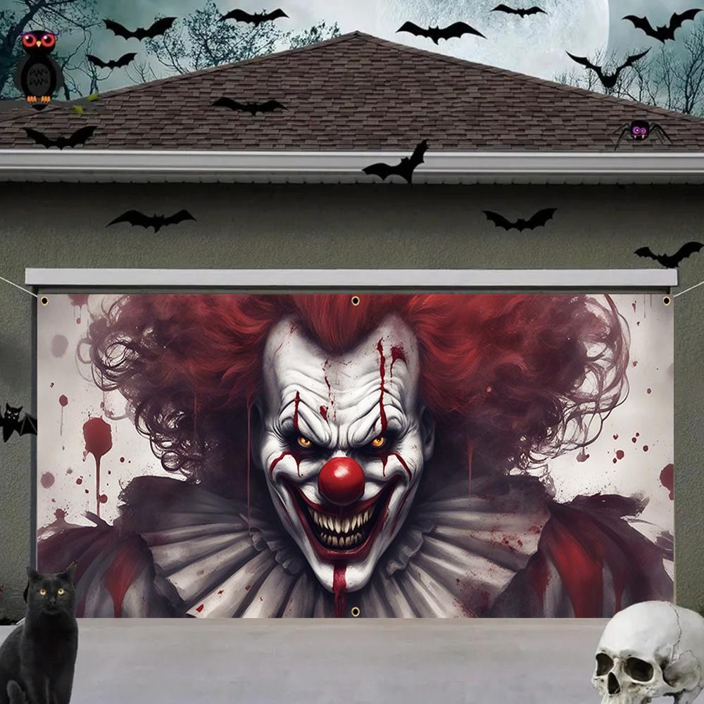 1pc2D Flat Halloween Theme Garage Door Background Cloth Banner - Horror Bloody clown,Halloween Decoration,no Power Required——sjs