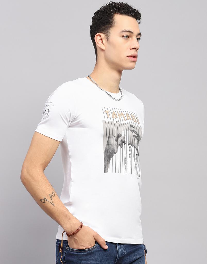 Monte Carlo Mens Printed White Round Neck Half Sleeve T-Shirt