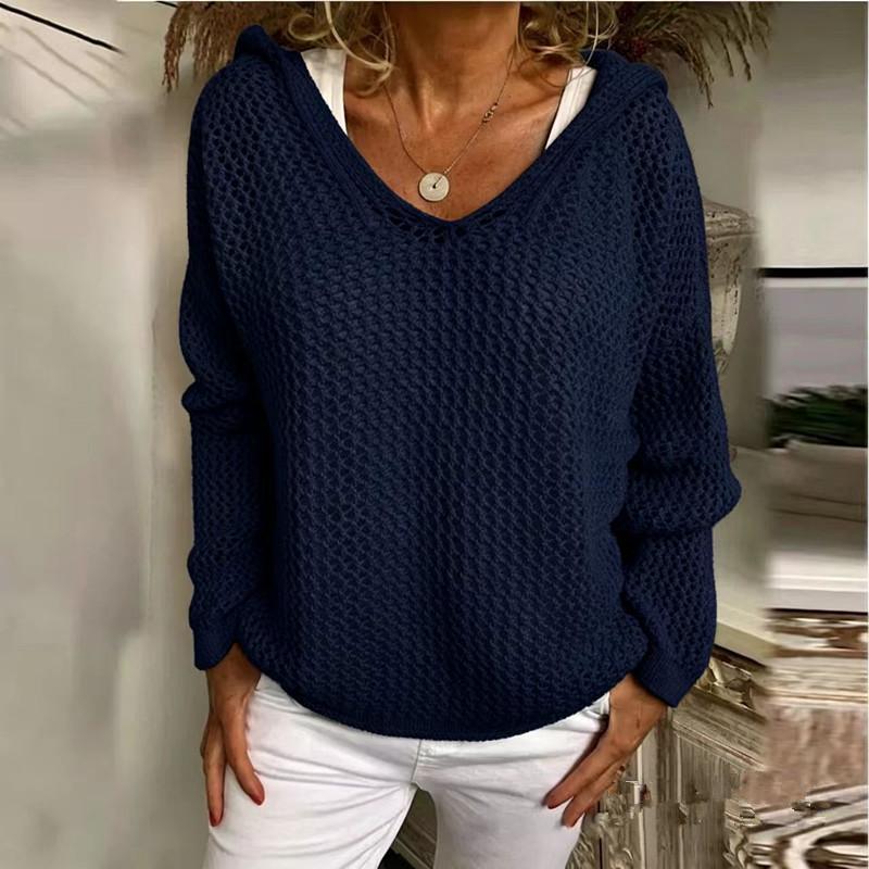 Women's Light Gray Hooded Knitted Sweater with Hollow Weave V Neck, Multiple Colors