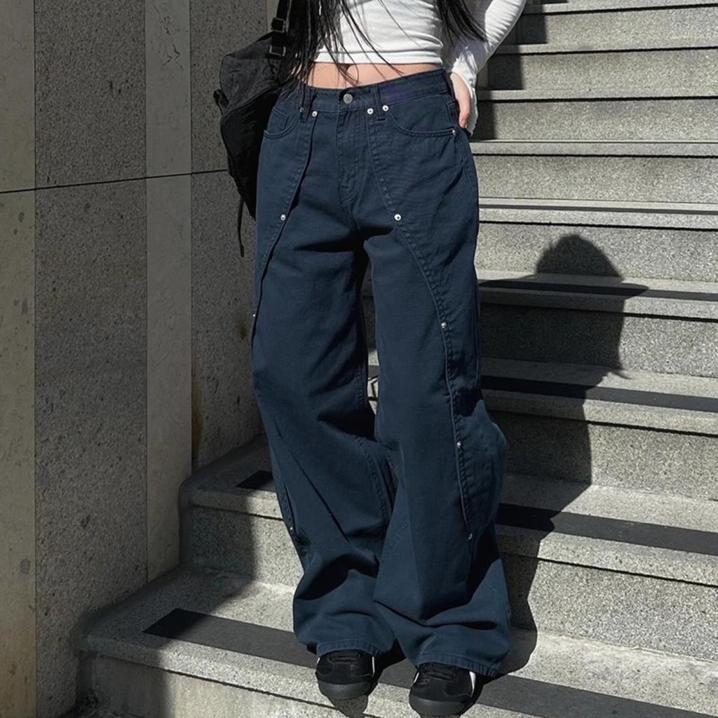 Casual Loose Rivet Jeans Wide Leg Pants Basic Low-Waisted Straight Pants Women Streetwear