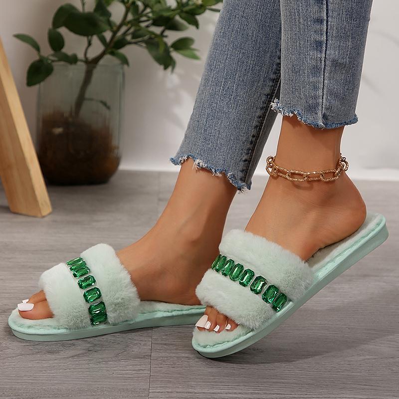 Fashion Rhinestone Fluffy House Slippers for Women 2025 Winter Warm Faux Fur Flat Slides Woman Open Toe One Strap Plush Slippers