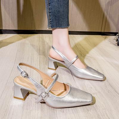 Sandalias Mary Jane Baotou Tacón Grueso Verano Plateado Trasero Vacío Zapatos de Una Sola Tira Tacones Altos