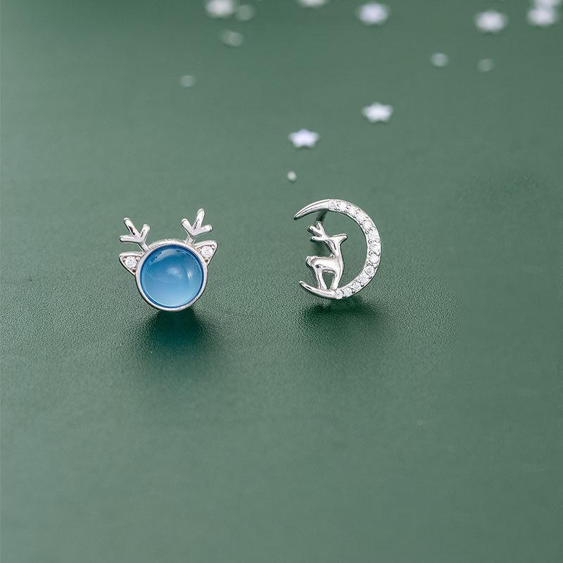 

S925 Silver Asymmetrical Reindeer Stud Earrings - Elegant Antler Jewelry for Autumn/Winter 925 Silver платиновый/синий