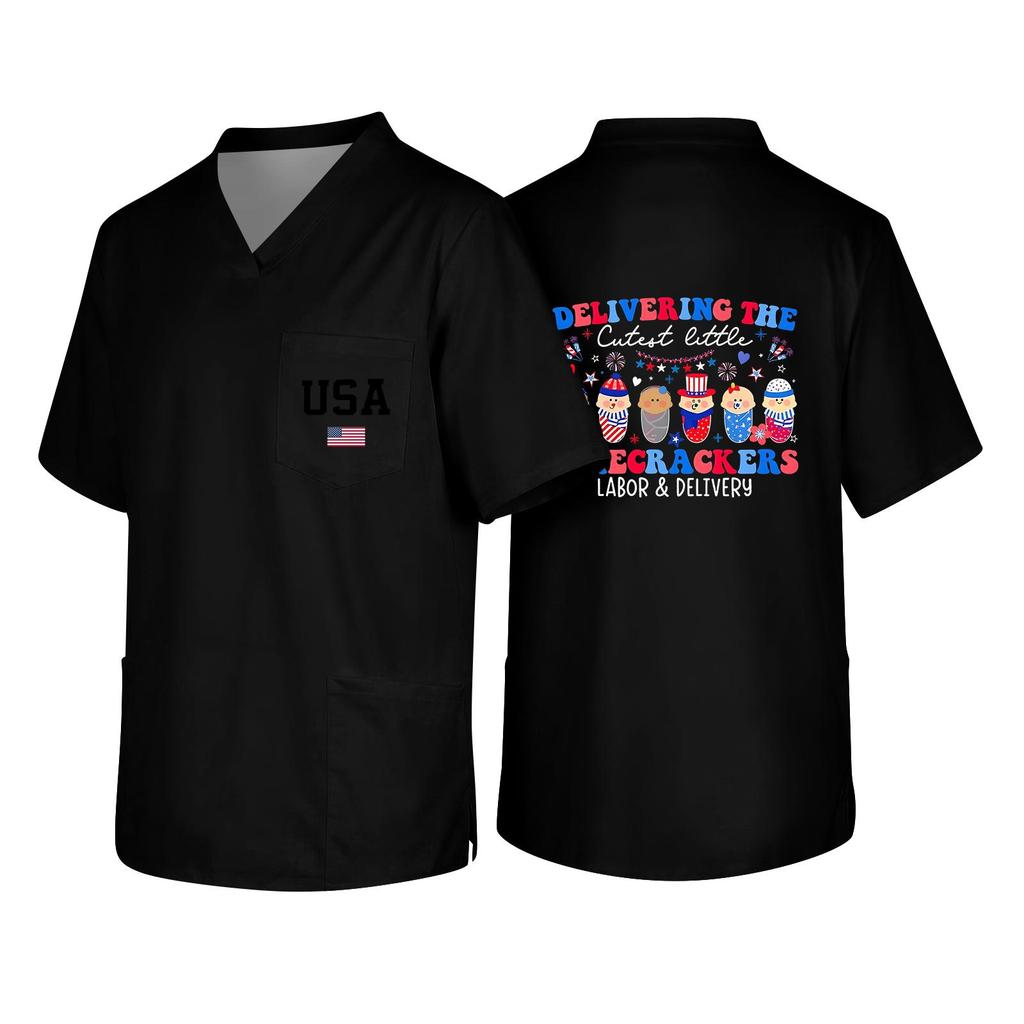 Men's V Neck Work Shirt Short Sleeve Pocket Top with USA Print Suitable for Healthcare and Labor Day Uniforms