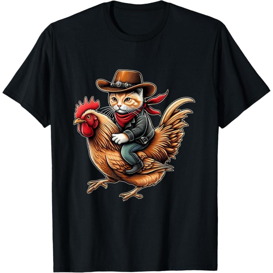 Cowboy Cat Riding Chicken Funny Western Vintage Design T-Shirt(1) S