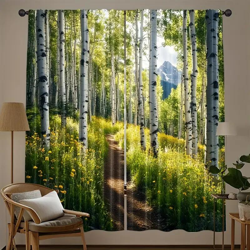 2pcs Breathtaking Aspen Forest Printed Curtains, Designed for Light Filtering, Quality Material, Ideal for Nature Lover Home Win
